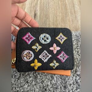 Elegant Black Denim Embroidered Coin Purse
